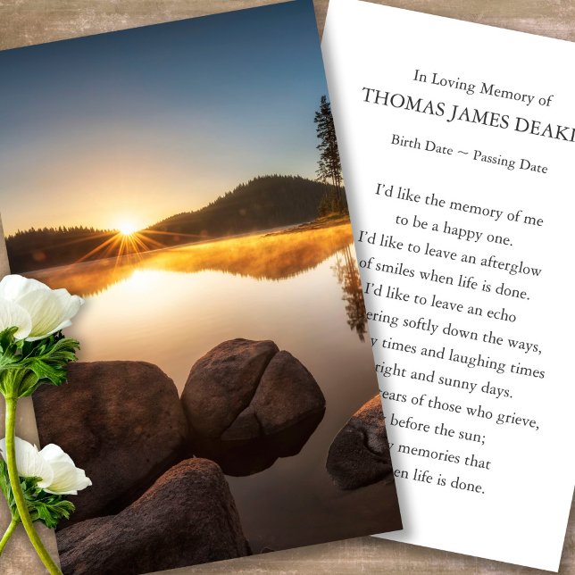 Funeral Memorial Sunrise Prayer Sympathy Cards (sunset, sunrise, lake, celebration of life, in loving memory of, prayer cards for bereavement)