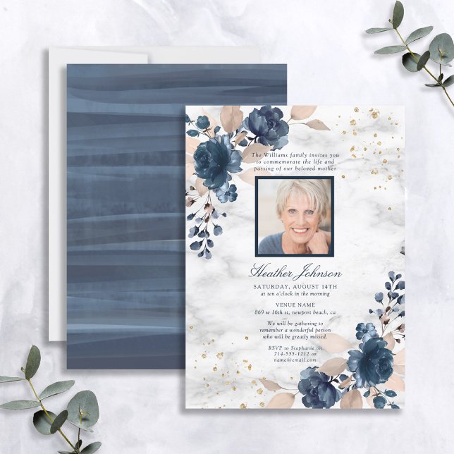 Funeral Navy Blue Blush Pink Marble Floral Photo Invitation (Creator Uploaded)