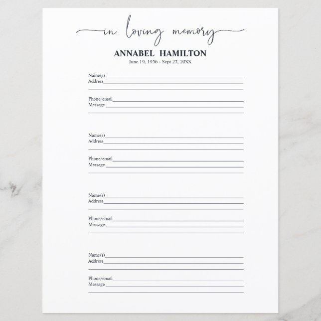 Funeral Or Memorial Guest Book Filler Page (Front)
