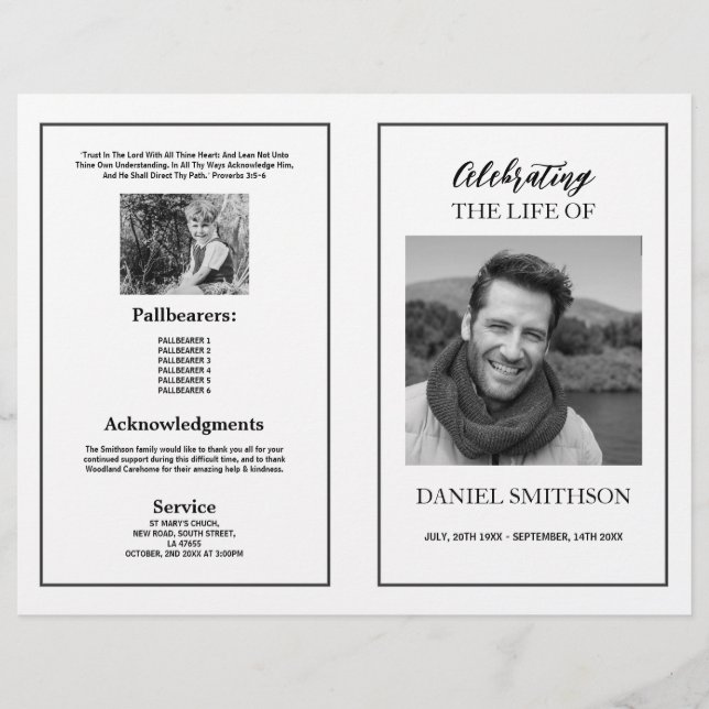 Funeral Order of Service Celebrating Black White Flyer (Front)