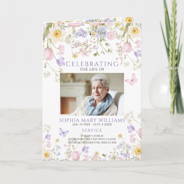Funeral Order of Service | Floral Memorial Program Card (Front)