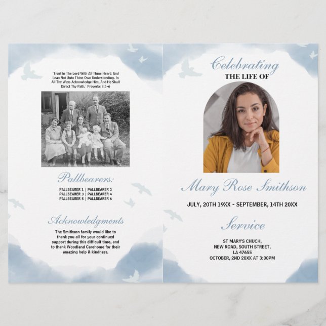 Funeral Order of Service Life Clouds Birds  Flyer (Front)
