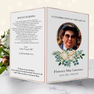 Funeral pamphlet, rose gold & white bouquet flyer