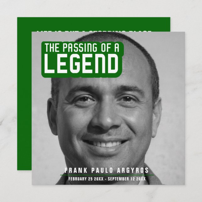 Funeral passing of a legend modern green poem card (Front/Back)