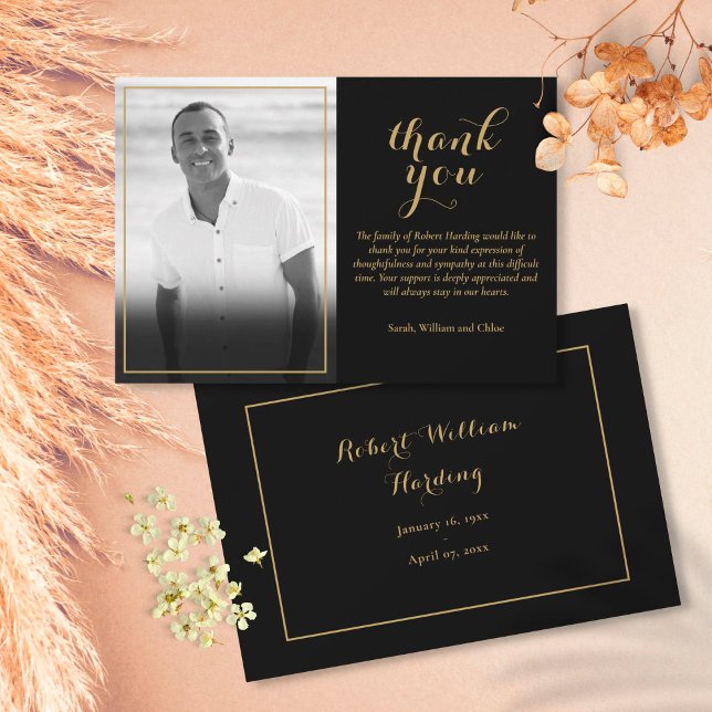 Funeral Photo Black and Gold Elegant Script Thank You Card (Creator Uploaded)