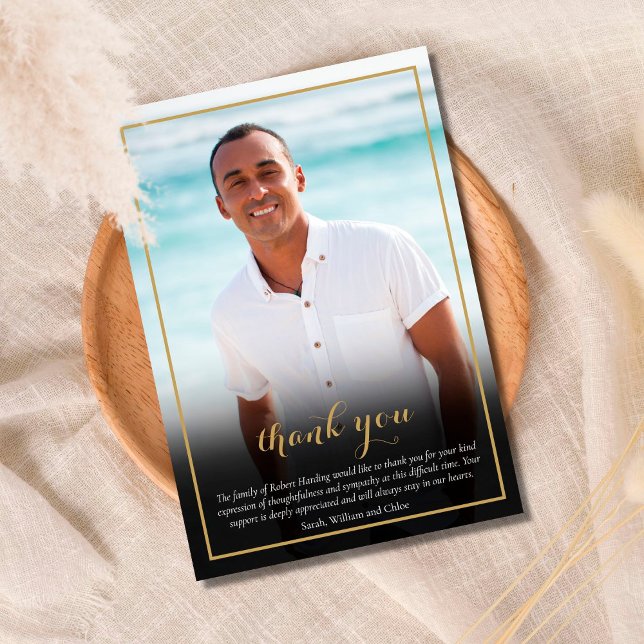 Funeral Photo Elegant Gold Script Thank You Card (Creator Uploaded)