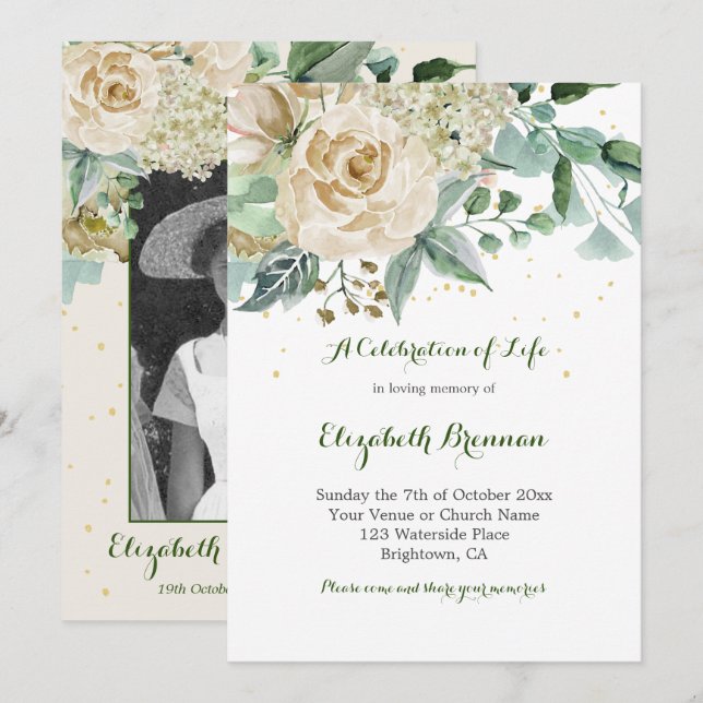 Funeral Photo Elegant  Rose Floral Green Foliage Invitation (Front/Back)
