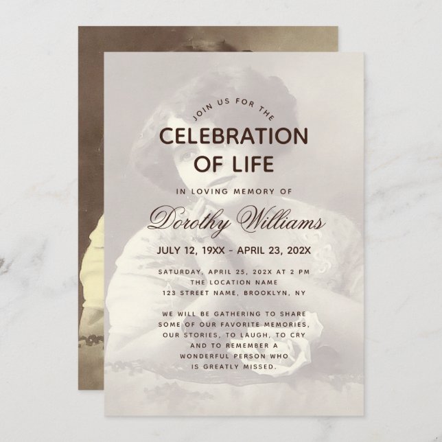Funeral Photo Elegant Script Celebration of Life Invitation (Front/Back)