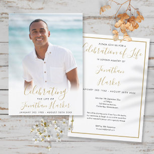 Funeral Photo Gold Script Celebration of Life Invitation