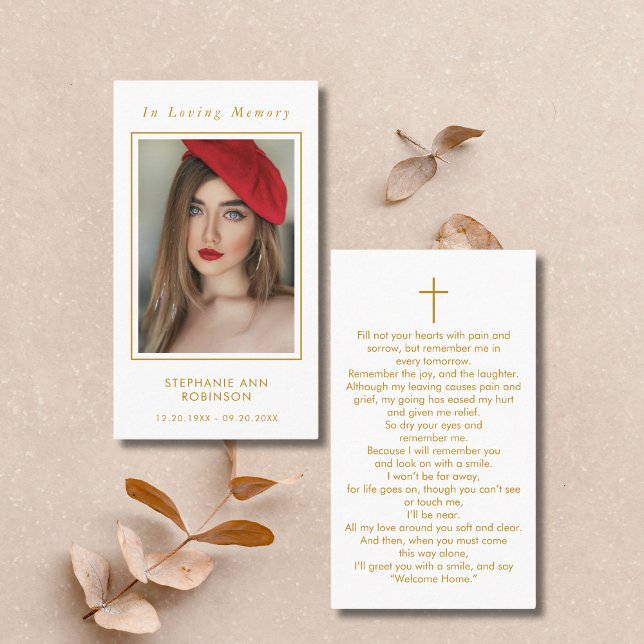 Funeral Photo Memorial Gold Cross Prayer Card (Creator Uploaded)