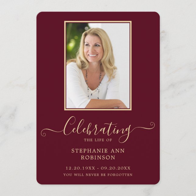 Funeral Photo Order of Service Burgundy Gold Programme (Front)