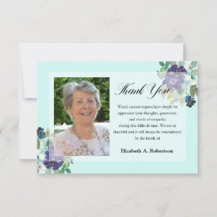 Funeral Photo Thank You Purple Flowers on Teal Card