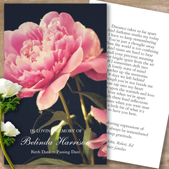 Funeral Pink Peony Memorial Prayer Sympathy Cards (Forever in our hearts, celebration of life, in loving memory of, prayer cards for bereavement)