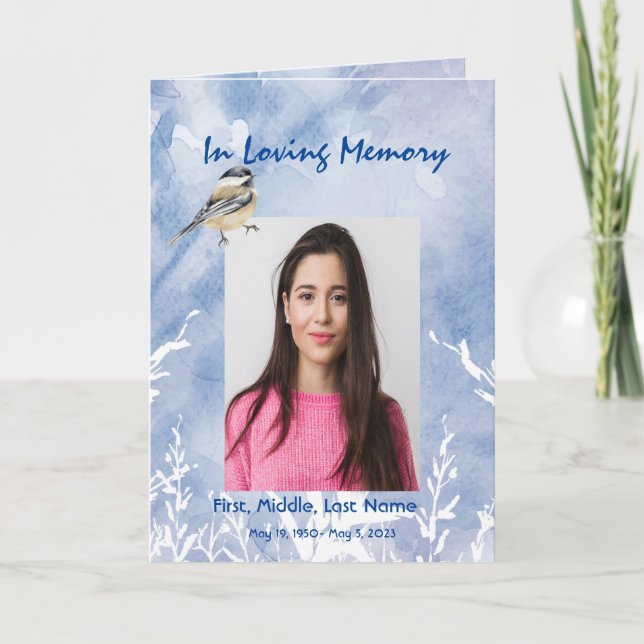 Funeral Program Custom Chickadee Blue winter Programme (Front)