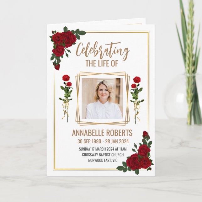 Funeral Program - Red Roses And Golden Border  Programme (Front)