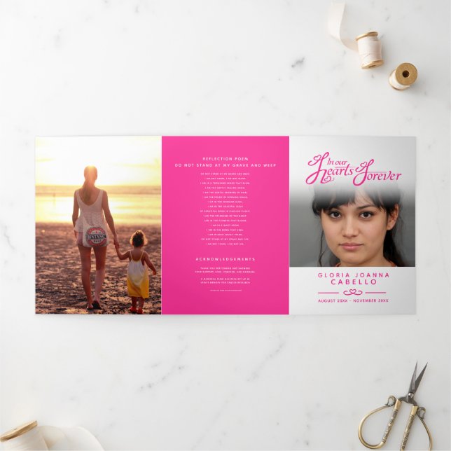 Funeral program service in our hearts white pink Tri-Fold programme (Outside)