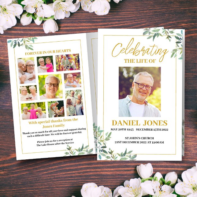 Funeral Program Template with Green Leaves (Creator Uploaded)