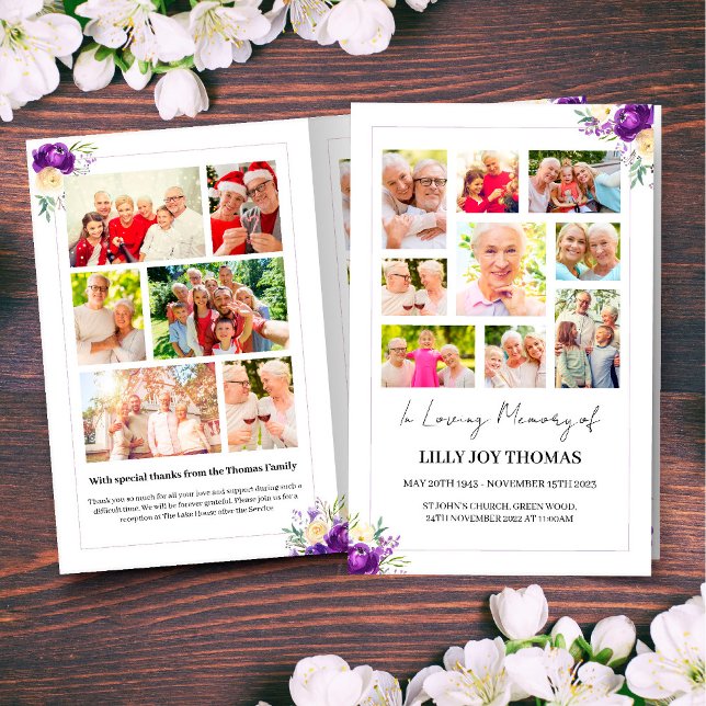Funeral Program with Purple and Cream Flowers (Funeral Program with Purple & Cream Watercolor Flowers and a photo collage on the front & back)