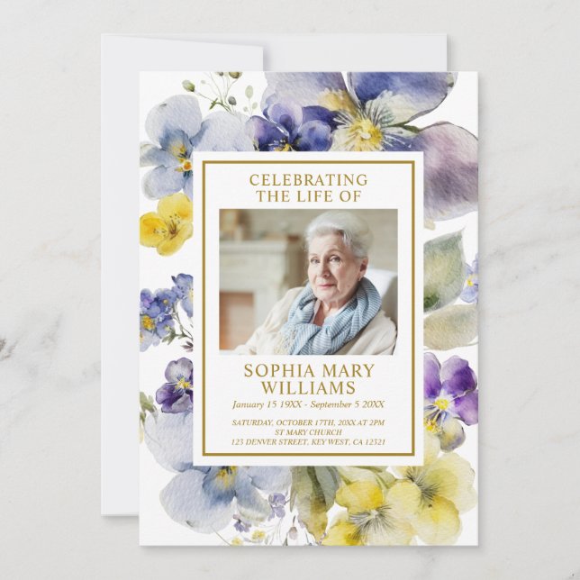 Funeral Purple Blue & Yellow Memorial Program Invitation (Front)