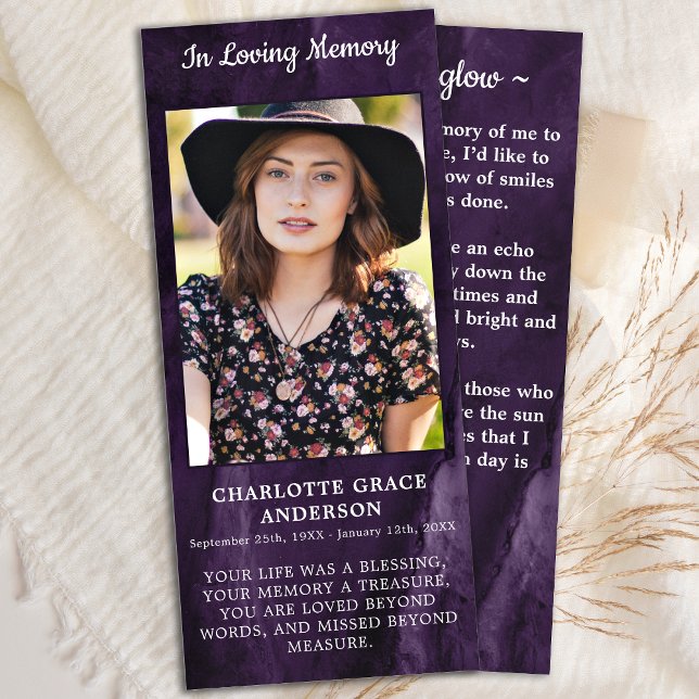 Funeral Purple Sympathy Photo Memorial Prayer Card (Creator Uploaded)