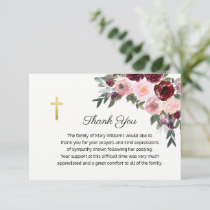 Funeral Religious Memorial Burgundy Floral Cross Thank You Card
