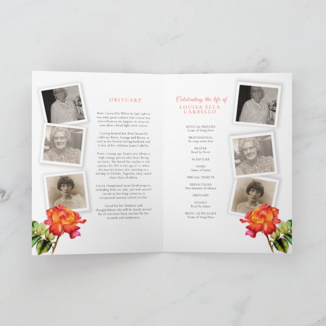 Funeral service program striped rose photos programme (Inside)