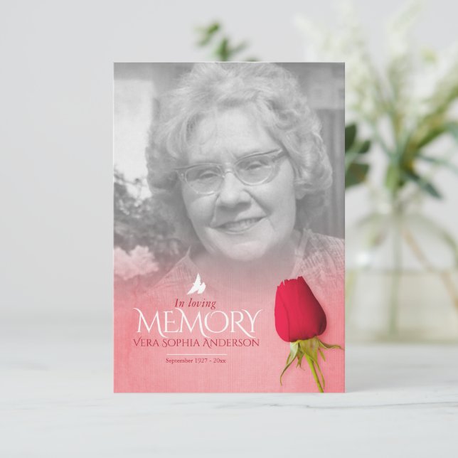 Funeral single red rose photo remembrance poem (Standing Front)