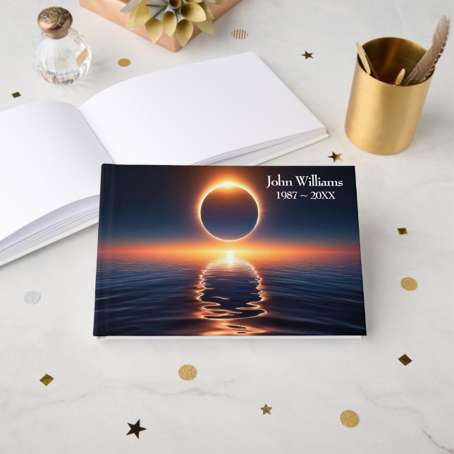 Funeral Solar Eclipse Over Ocean Water Guest Book (Front Open)