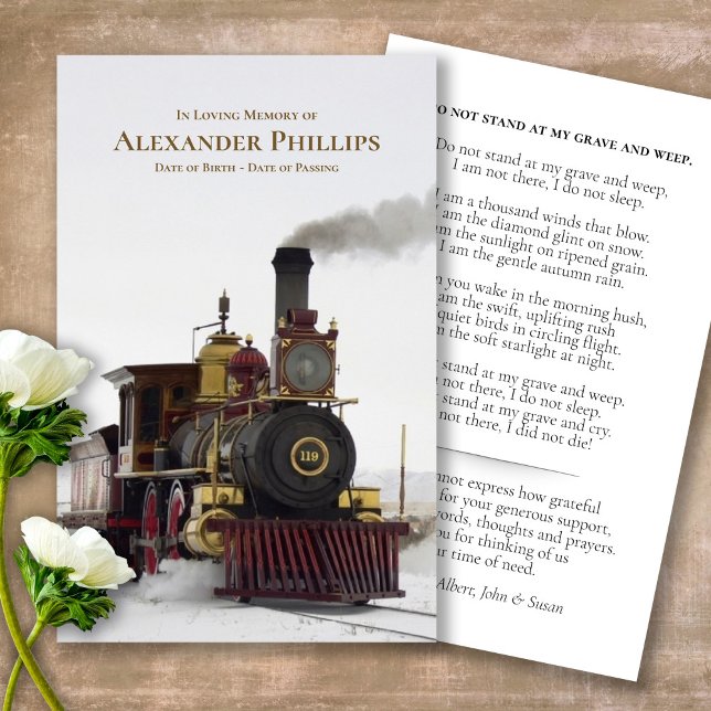 Funeral Steam Train Memorial Prayer Sympathy Cards (Steam Train, prayer cards, celebration of life, in loving memory of, prayer cards for bereavement)