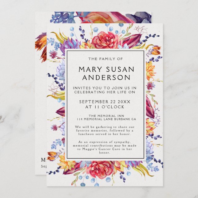 Funeral Succulents Celebration of Life Invitation (Front/Back)