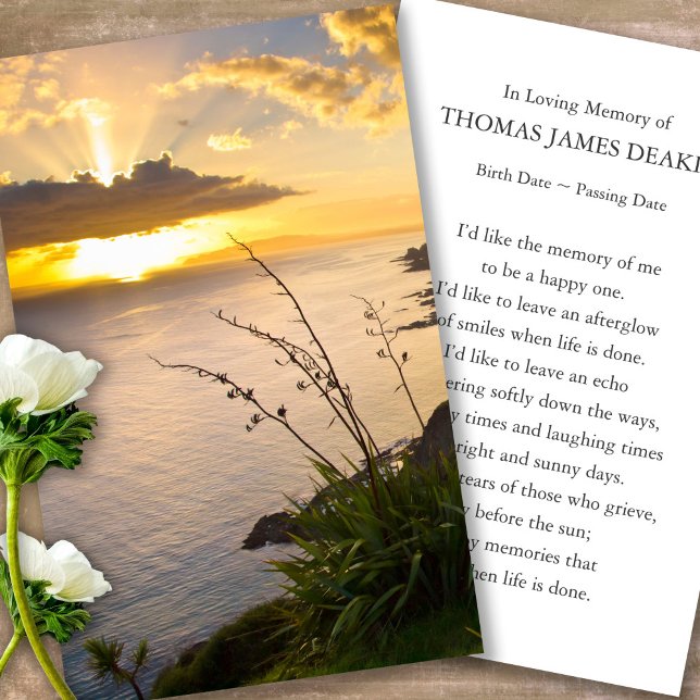 Funeral Sunrise Memorial Prayer Sympathy Cards (sunset, sunrise, beach, celebration of life, in loving memory of, prayer cards for bereavement)