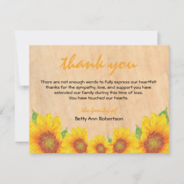 Funeral Sympathy Thank You Sunflower Rustic Themed Card (Front)