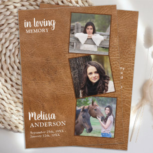 Funeral Thank You 3 Photo Memorial Vintage Leather Card