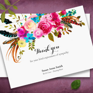 Funeral Thank You Cards Boho Feathers & Flowers