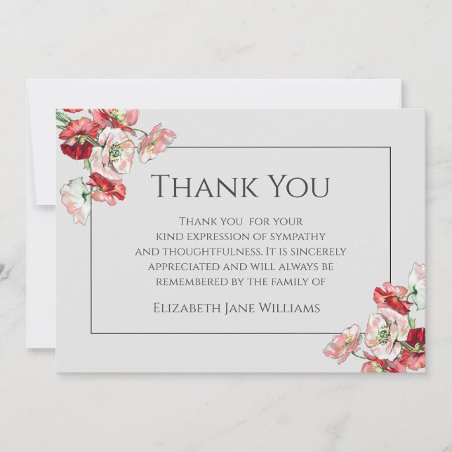 Funeral Thank You Note Card | Poppies on Grey (Front)