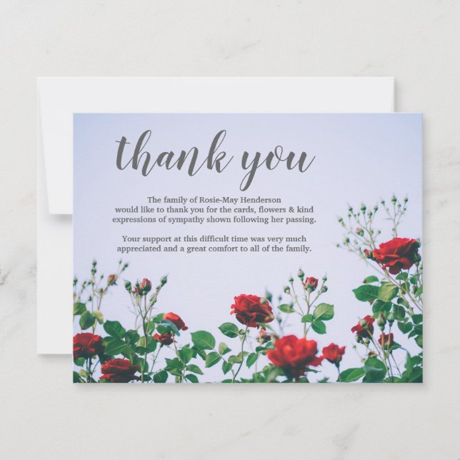 Funeral Thank You Note | Sympathy Red Roses (Front)