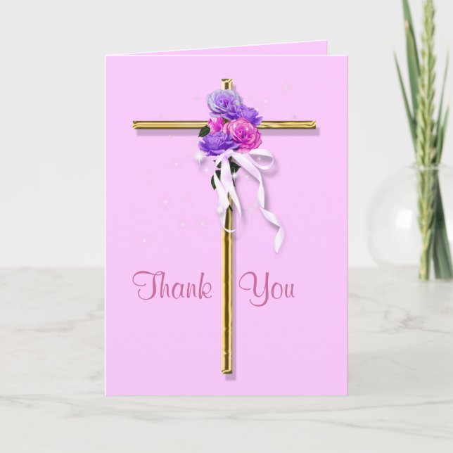 Funeral "Thank you" pink floral religious Thank You Card (Front)