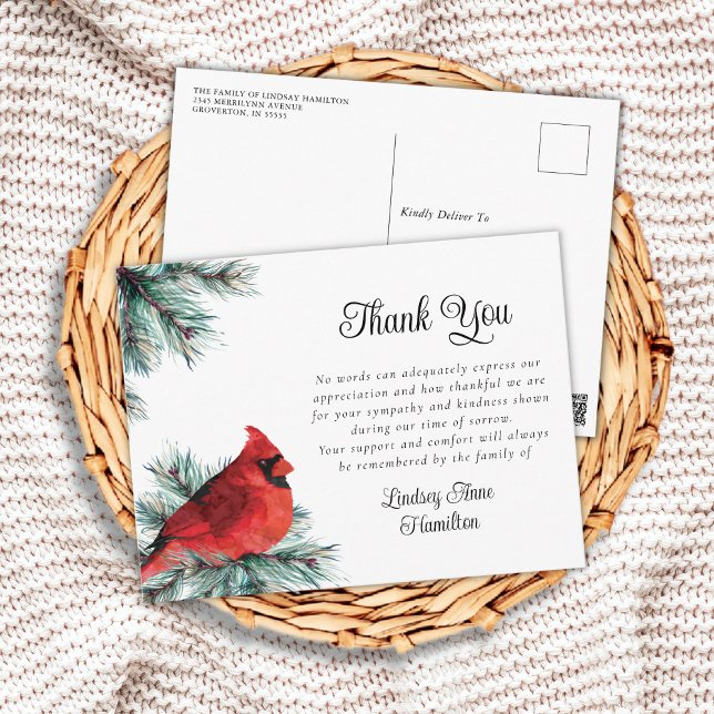 Funeral Thank You Red Cardinal Bird Evergreen Postcard (Creator Uploaded)