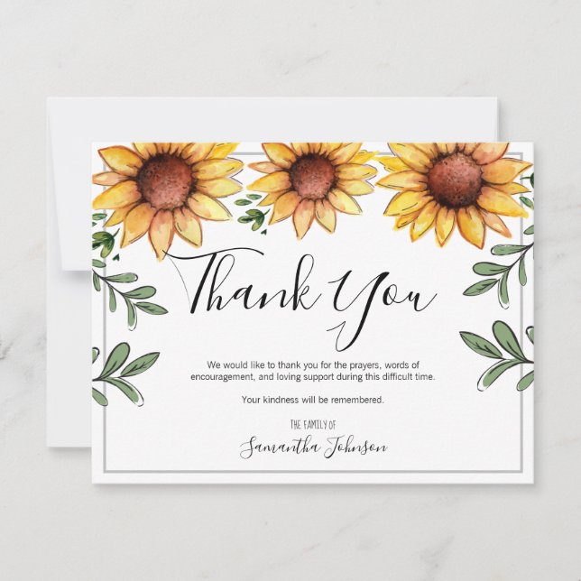 Funeral Thank You Rustic Sunflowers Card (Front)