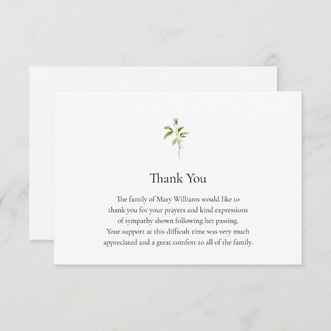 Funeral Watercolor Greenery Thank You Note Card (Front/Back)