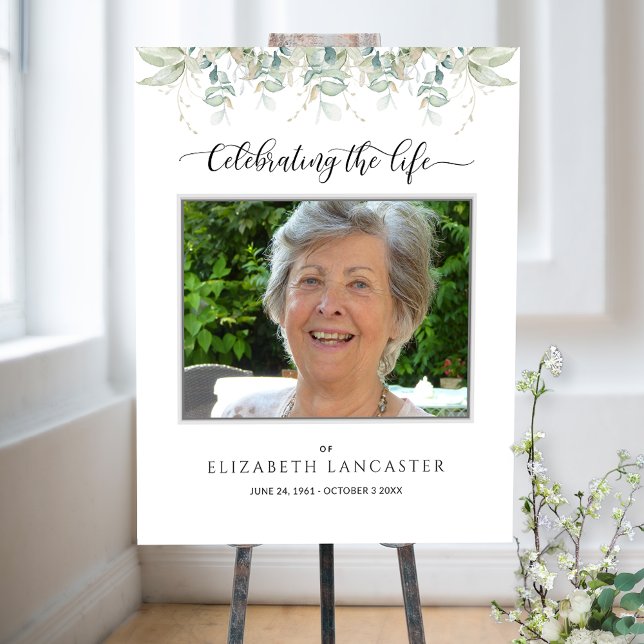Funeral Welcome Photo Elegant Greenery Sign (Creator Uploaded)