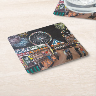 Funfair at Night Painting by Alfred Fox Square Paper Coaster