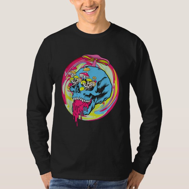 Fungus Magic Psilocybin Mushrooms Tie Dye Skull T-Shirt (Front)