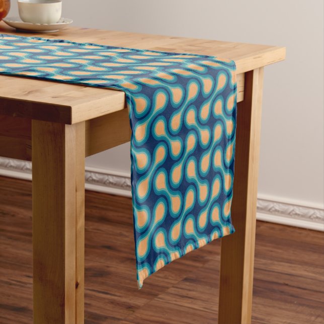 Funky 1970s Metaball Graphic Circle Barbell Blue Short Table Runner (In Situ)