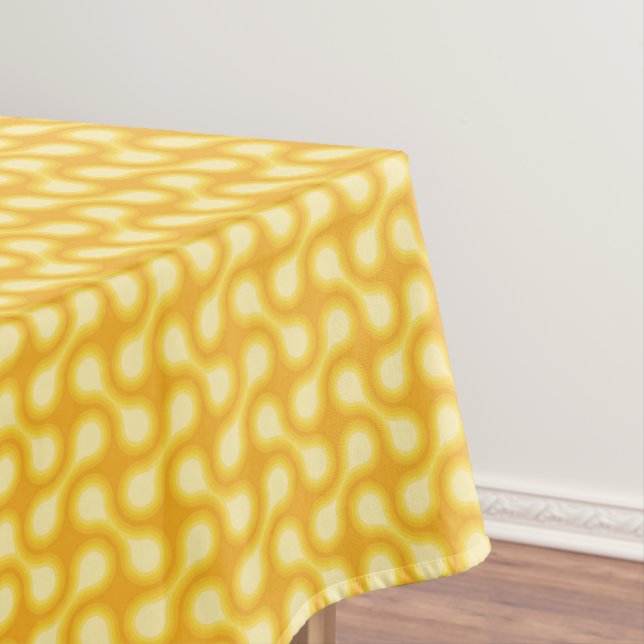 Funky 1970s Metaball Graphic Circle Barbell Yellow Tablecloth (In Situ)