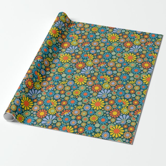 Funky 70s Style Flowers Wrapping Paper (Unrolled)