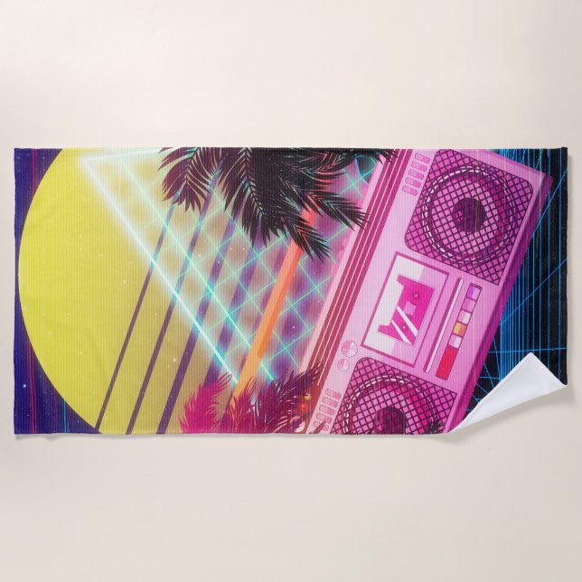 Funky 80s pink boombox with palm trees beach towel (Front)