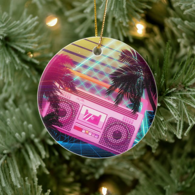 Funky 80s pink boombox with palm trees ceramic tree decoration (Tree)