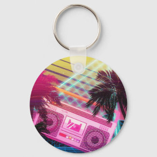 Funky 80s pink boombox with palm trees key ring