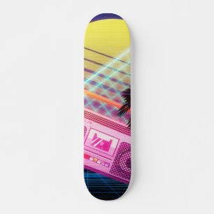 Funky 80s pink boombox with palm trees skateboard